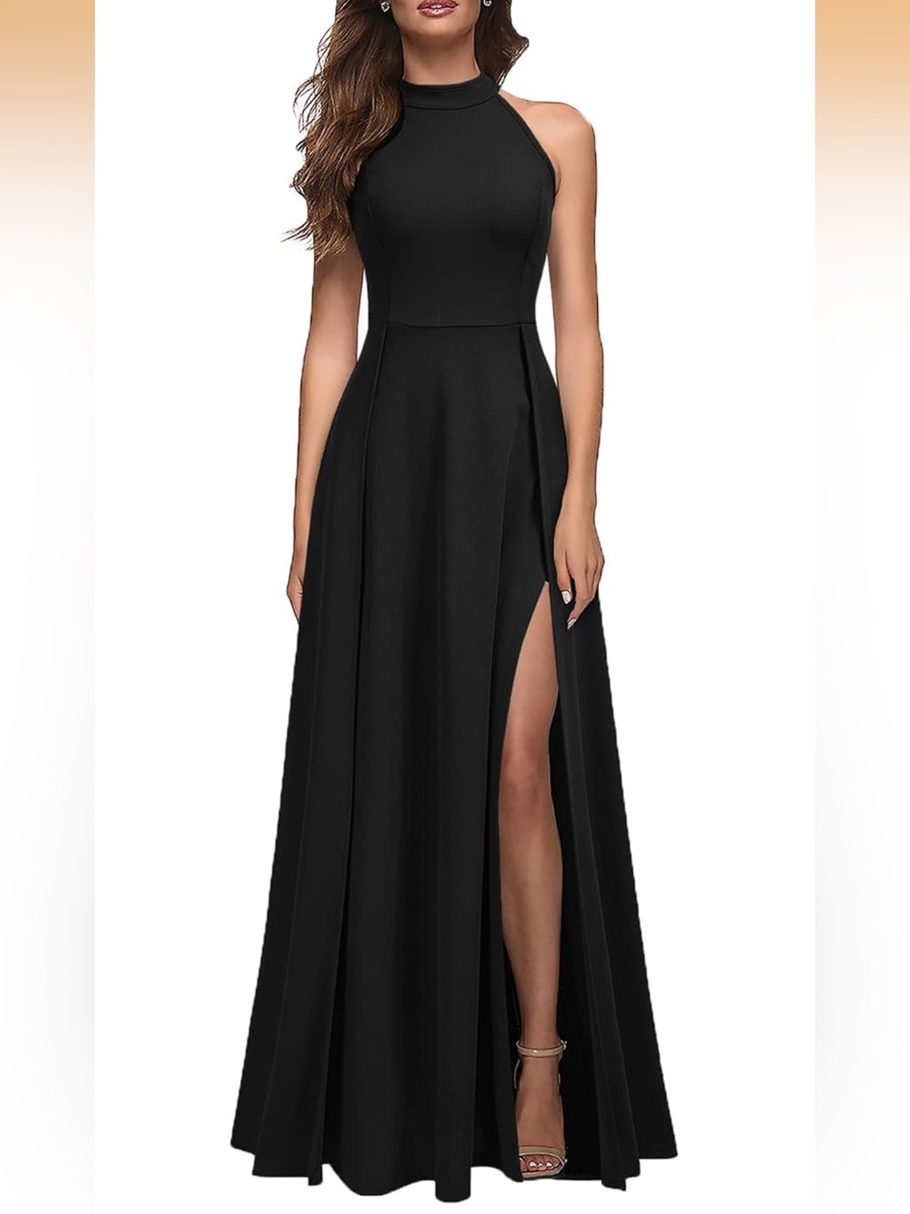 MUSHARE Black Halter Neck Maxi Dress Side Slit Size M NWT